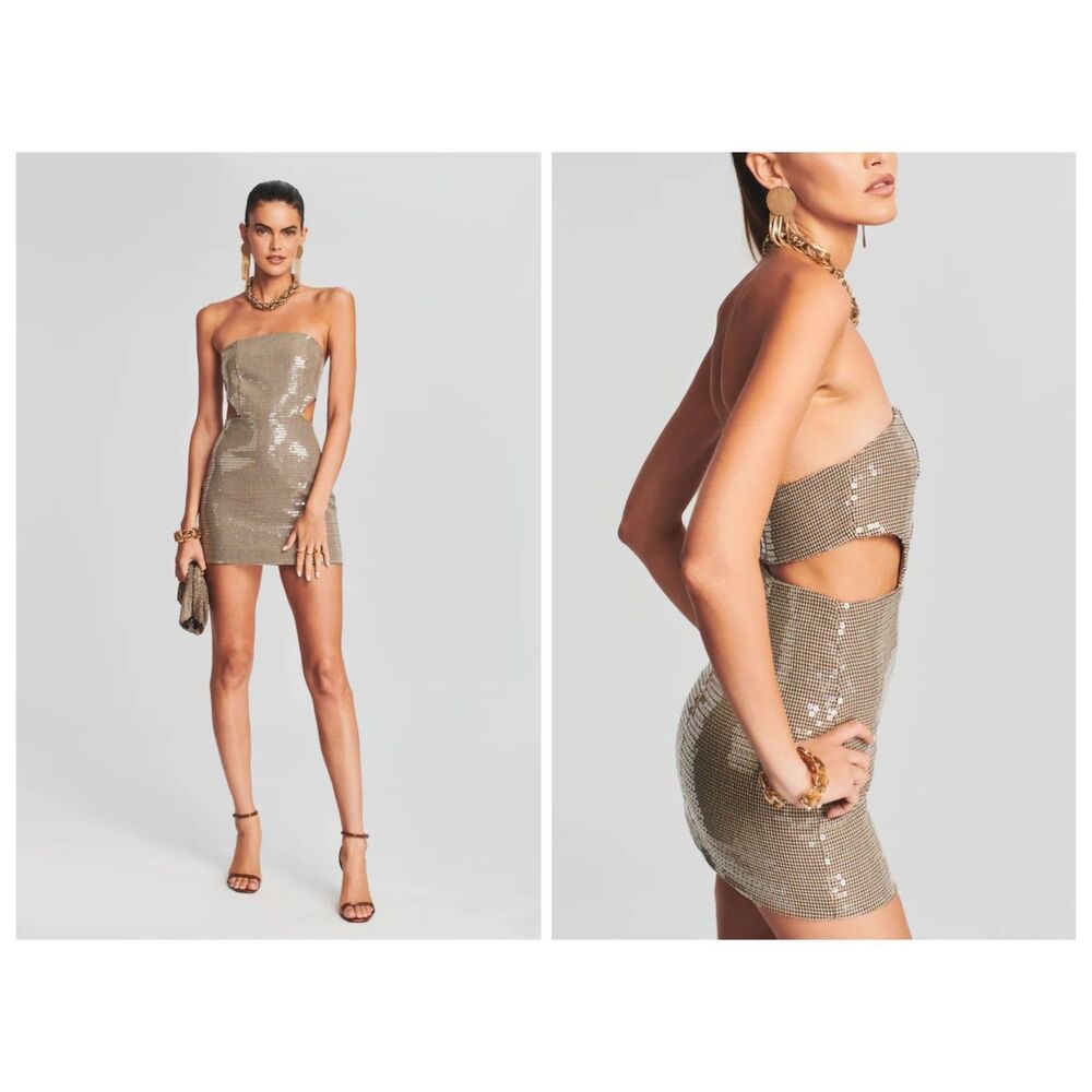 NWT Retrofete Allison Sequin Strapless Cutout Mini Dress Multi Brown Size L